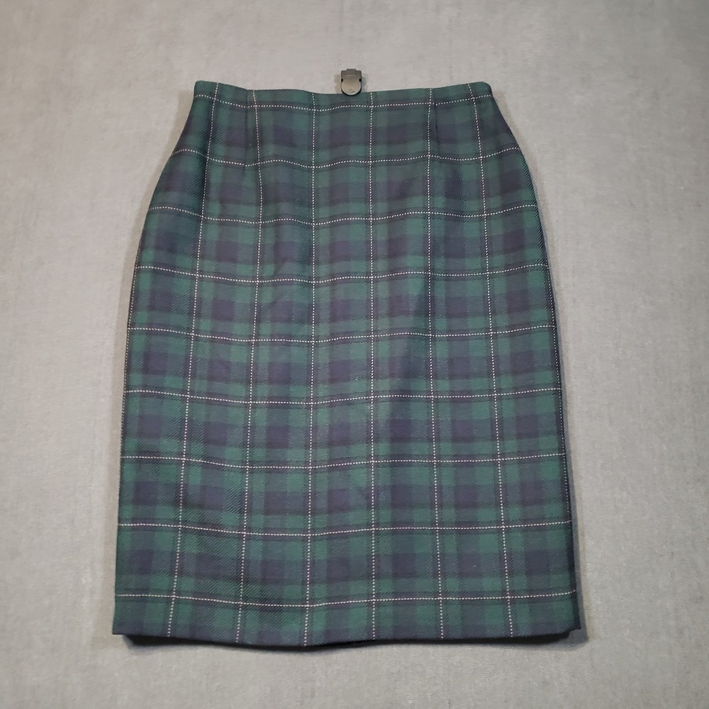 Marks & Spencer Pencil Skirt Womens 10 Green Navy Blue Plaid Pure Wool Vintage